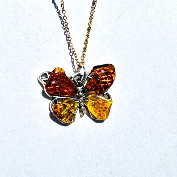 Amber Carved Butterfly Pendant with Gold tone chain - Picture 3 of 6
